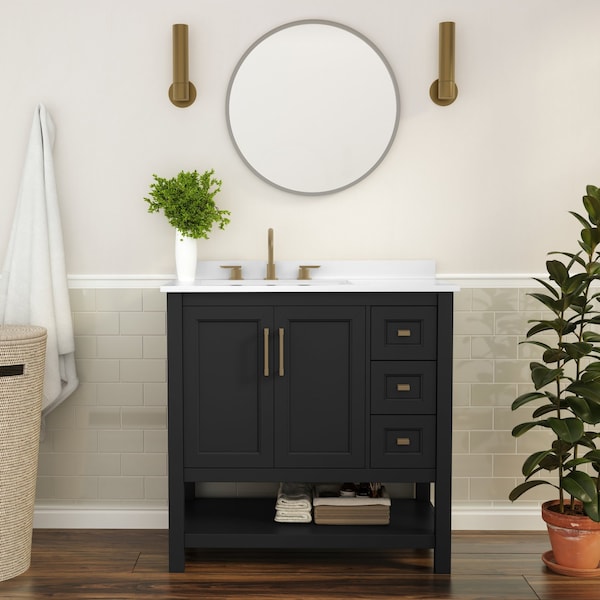 Flash Furniture Vega 36-in. Vanity w/Sink, Storage Cabinet w/Soft Close Doors, Open Shelf and 3 Drawers, Black/Gold FS-VEGA36-KD-BK-GLD-GG - main